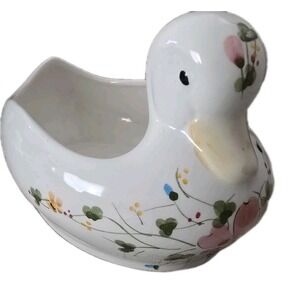 VTG Duck Planter Centerpiece Hand Painted Ceramic Portuguese Floral Cottagecore